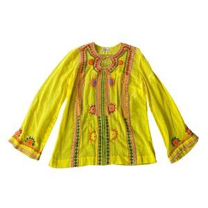 Tesoros Yellow Embroidered Floral Detail Long Sleeve Blouse Keyhole Neck Medium